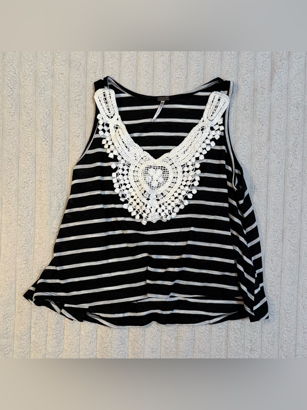 Women's Black White Stripe Crochet Lace Bib Sleeveless Flowy Crop Top